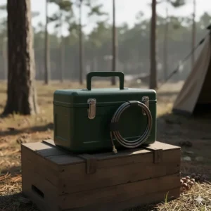 Compact and portable 3 burner camping stove folded up for easy transport and storage in a camper.