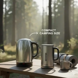 Side-by-side comparison of a standard kitchen kettle and a portable electric kettle for camping, highlighting the small size and lightweight design.