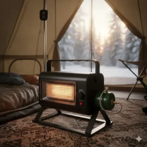 Portable propane heater designed for use in a small camper or tent, showing safety features.