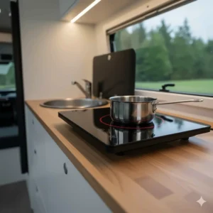 Slim, compact, and portable single-burner induction cooktop sitting on a small camper counter for space-saving cooking.