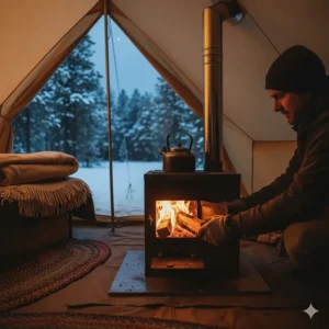 A person placing firewood into a portable wood burning tent stove during a chilly autumn camping trip.