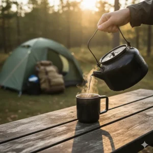 Camper carefully pouring hot water from the spout of a camping kettle into a thermal mug to prepare instant coffee.