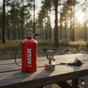 A pressurized metal fuel bottle containing white gas next to a camping stove.