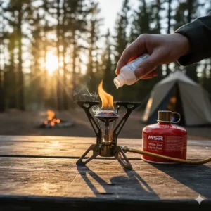 Camper priming a liquid fuel camp stove before ignition, a key step for white gas models.