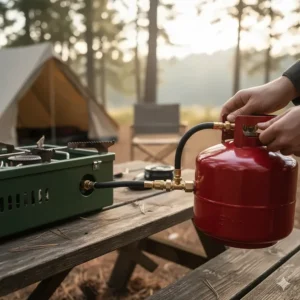 Diagram illustrating the secure propane tank connection process for the 3 burner camping stove.