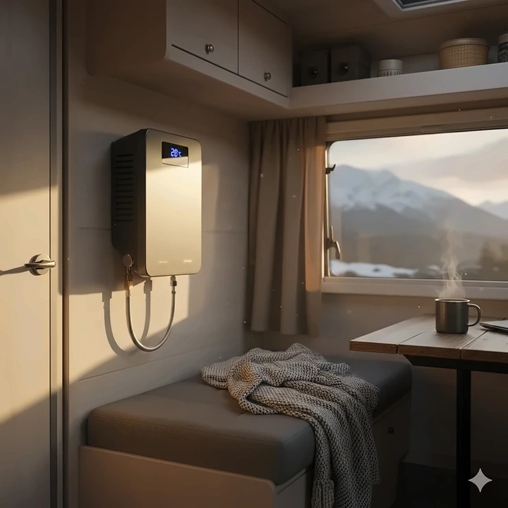 Propane heater for camper mounted on a wall, providing warmth inside a cozy recreational vehicle (RV).