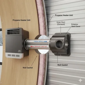 Diagram illustrating the proper vent installation and exhaust routing for a through-wall propane heater on a recreational vehicle.