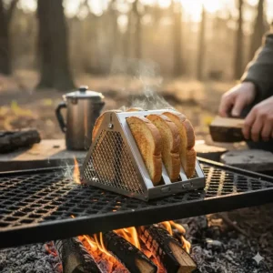 Close-up of a classic four-slice pyramid-style camping toaster being used on a campfire grill grate.