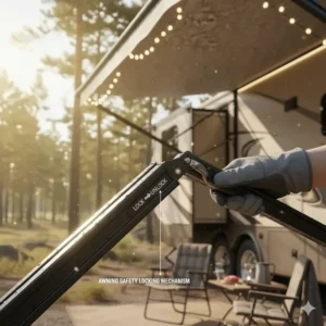 Close-up of the RV awning safety locking mechanism that secures the system during high winds or travel.