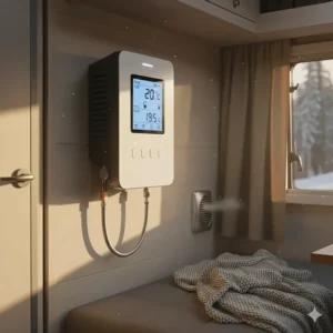 Digital thermostat control unit used to regulate the temperature of an installed propane heater for a camper.