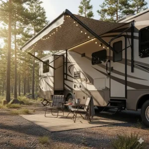 An illustration detailing the RV slide out awning when it is fully extended and pitched for optimal shade.