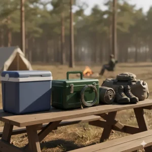 Size comparison of the folded 3 burner camping stove next to a cooler, highlighting its compact nature for packing.