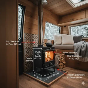 Technical illustration showing the compact small camper stove dimensions and clearances required for safe RV installation.