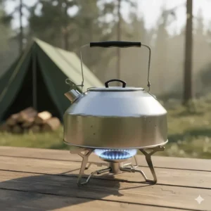 Stainless steel camping kettle securely placed on a portable gas stove, perfect for quick morning coffee at the campsite.
