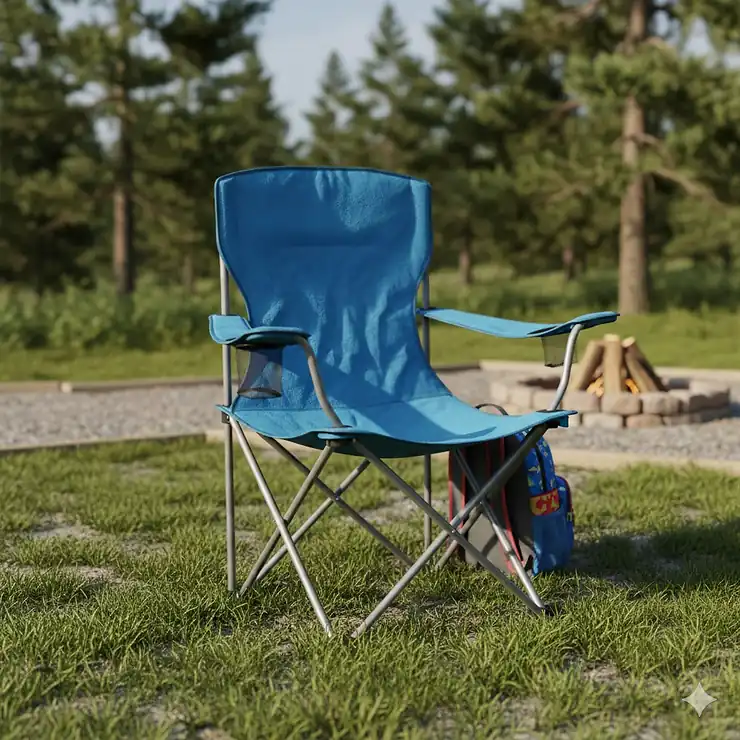 Sturdy children's camping chair in a bright blue color, shown fully open and ready for outdoor use. childrens camping chair