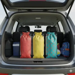 Three brightly colored children's camping chairs stored compactly in the trunk of a car, ready for a road trip.