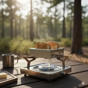 A small, lightweight camping toaster placed securely on a two-burner propane camp stove.