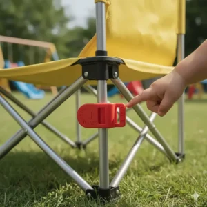 Close-up shot of a toddler camping chair featuring a secure safety lock mechanism to prevent accidental folding.