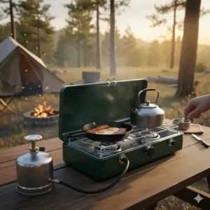 Classic metal, folding two-burner white gas camping stove cooking a meal at a campsite table.