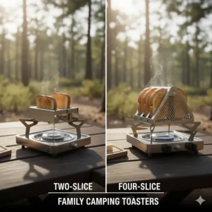 Side-by-side comparison of a two-slice and a larger four-slice camping toaster for family camping.