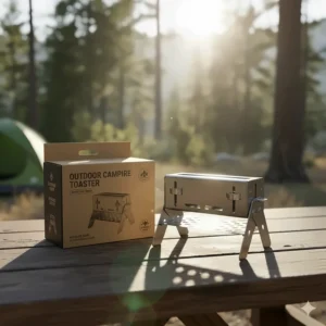 A new camping toaster shown next to its product packaging, highlighting its durable construction.