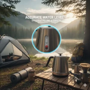 Detail shot of a clear water level indicator on an electric travel kettle, marked with minimum and maximum fill lines for efficient use.