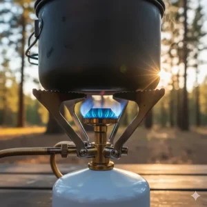 Close-up of a powerful blue white gas stove flame heating a pot, demonstrating high heat output.