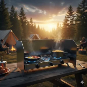 Durable wind guards deployed on the 3 burner stove camping unit, protecting the flame from gusts of wind.
