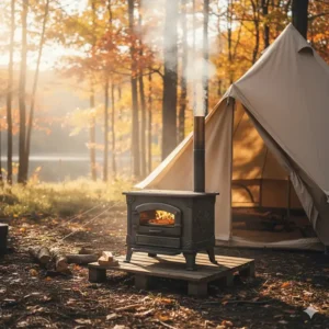 Alternative model of a wood-burning camp stove with oven set up next to a canvas tent in the wilderness.