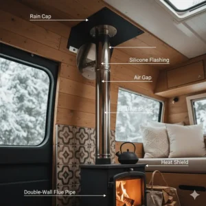 Diagram illustrating the safe wood stove flue pipe installation process through the camper roof with proper flashing and heat shield.