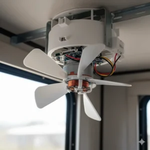 View of the 12V DC motor and fan blade assembly for an RV or camper ceiling fan.