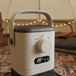Detailed view of the control panel on a tent heater showing the adjustable thermostat and heat settings.