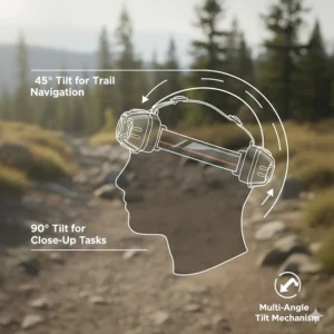 Diagram showing the multi-angle tilt mechanism of a rechargeable headlamp for hiking.