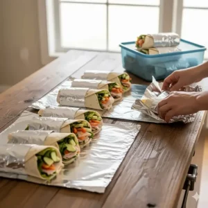 An assembly line of pre-made, sliced, and wrapped turkey and veggie tortilla wraps, ideal for make ahead camping lunches.