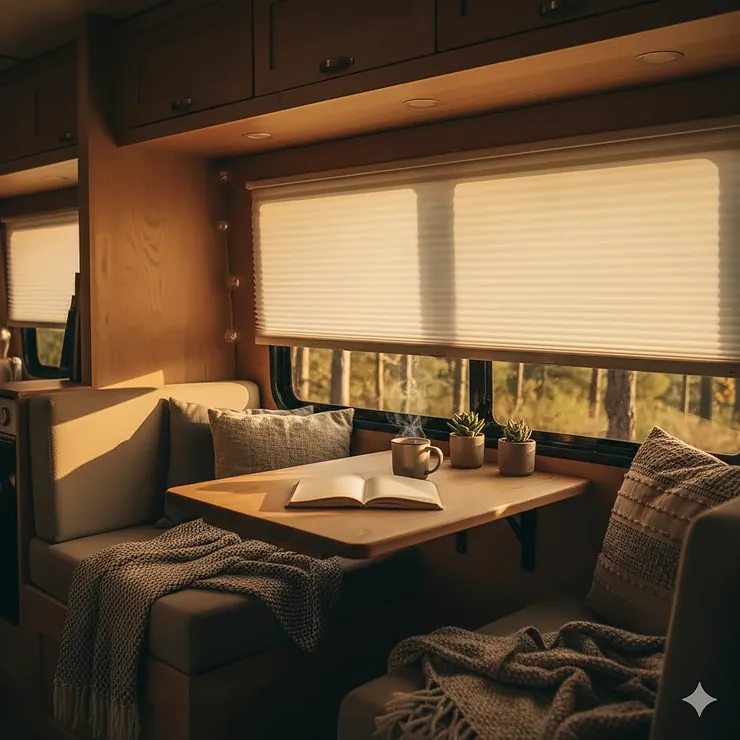 A cozy camper van interior featuring custom-fitted cellular blinds on the side windows for privacy and insulation. blinds for camper