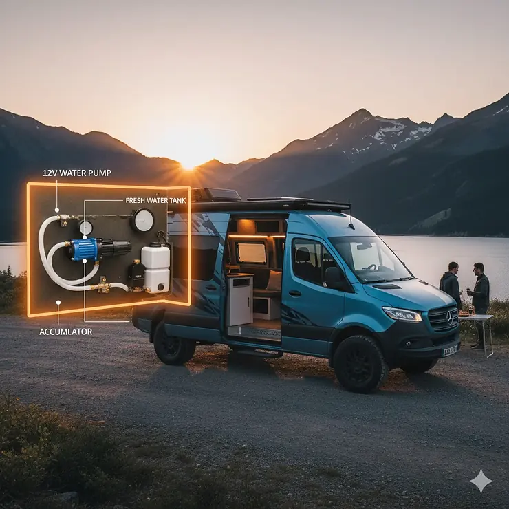 A 12V camper water pump installed inside a modern RV storage compartment.