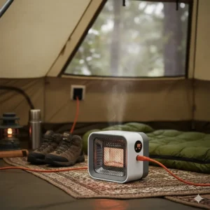 Image of a small, best electric tent heater model, ideal for use in tents when hookups are available at the campsite.