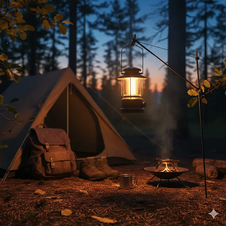 A high-brightness LED lantern for camping illuminating a tent and outdoor gear at a forest campsite during twilight.