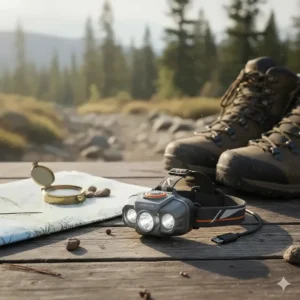 A high-performance rechargeable headlamp for hiking displayed with outdoor gear on a rustic wooden surface.