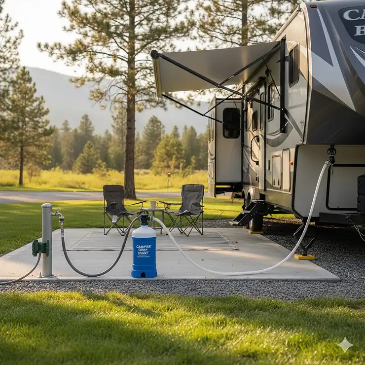 A portable water softener connected to a luxury camper at an RV park, showing the hose connection to the city water inlet. water softener for camper