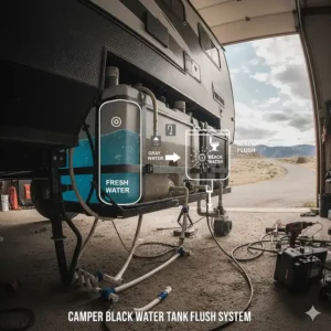 An illustration of the integrated flush valve system used to clean and maintain the interior of a camper black water tank.
