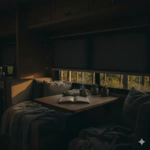 Total blackout blinds for camper sleeping areas to block out external light for better sleep.