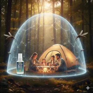 A stylized illustration of a protective shield around a tent representing the effectiveness of camp bug spray.