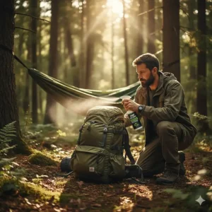 An illustration of camping gear like backpacks and hammocks being treated with specialized camp bug spray.