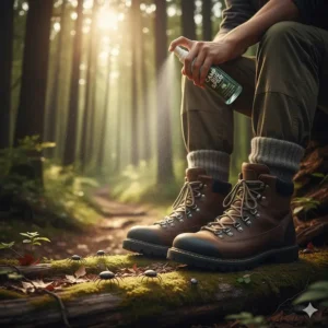 An infographic showing camp bug spray being applied to hiking boots and socks for tick prevention.