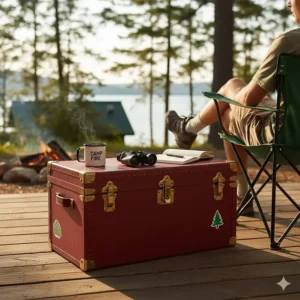 A flat-top camp trunk being used as a sturdy seat or side table next to a folding chair in a camp setting.