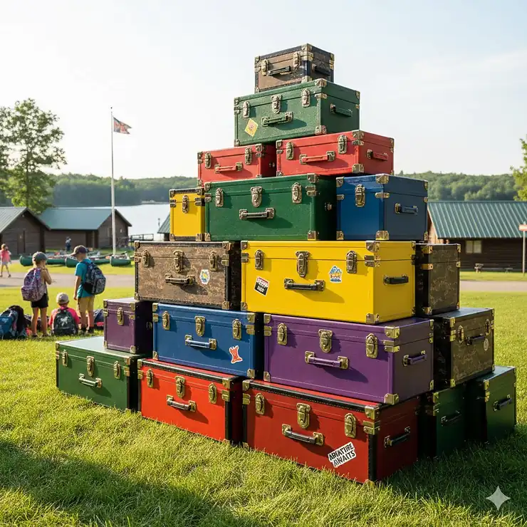 A stack of durable, colorful camp trunks ready for summer camp, showcasing different sizes and personalization options.