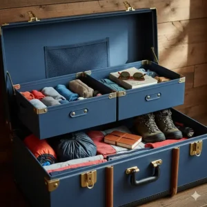 Inside view of an open camp trunk showing the removable lid tray and deep storage space for efficient organization.