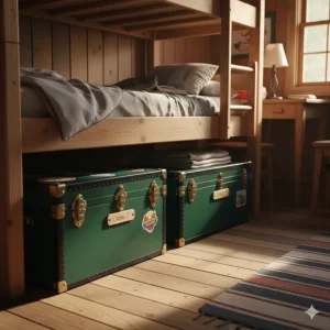Two matching storage camp trunks neatly placed under a wooden bunk bed in a camp cabin, maximizing space.