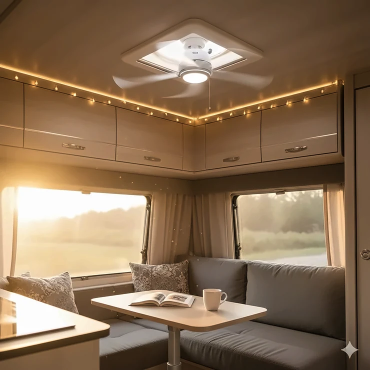 Camper ceiling fan running inside a modern RV, providing essential ventilation and air circulation.